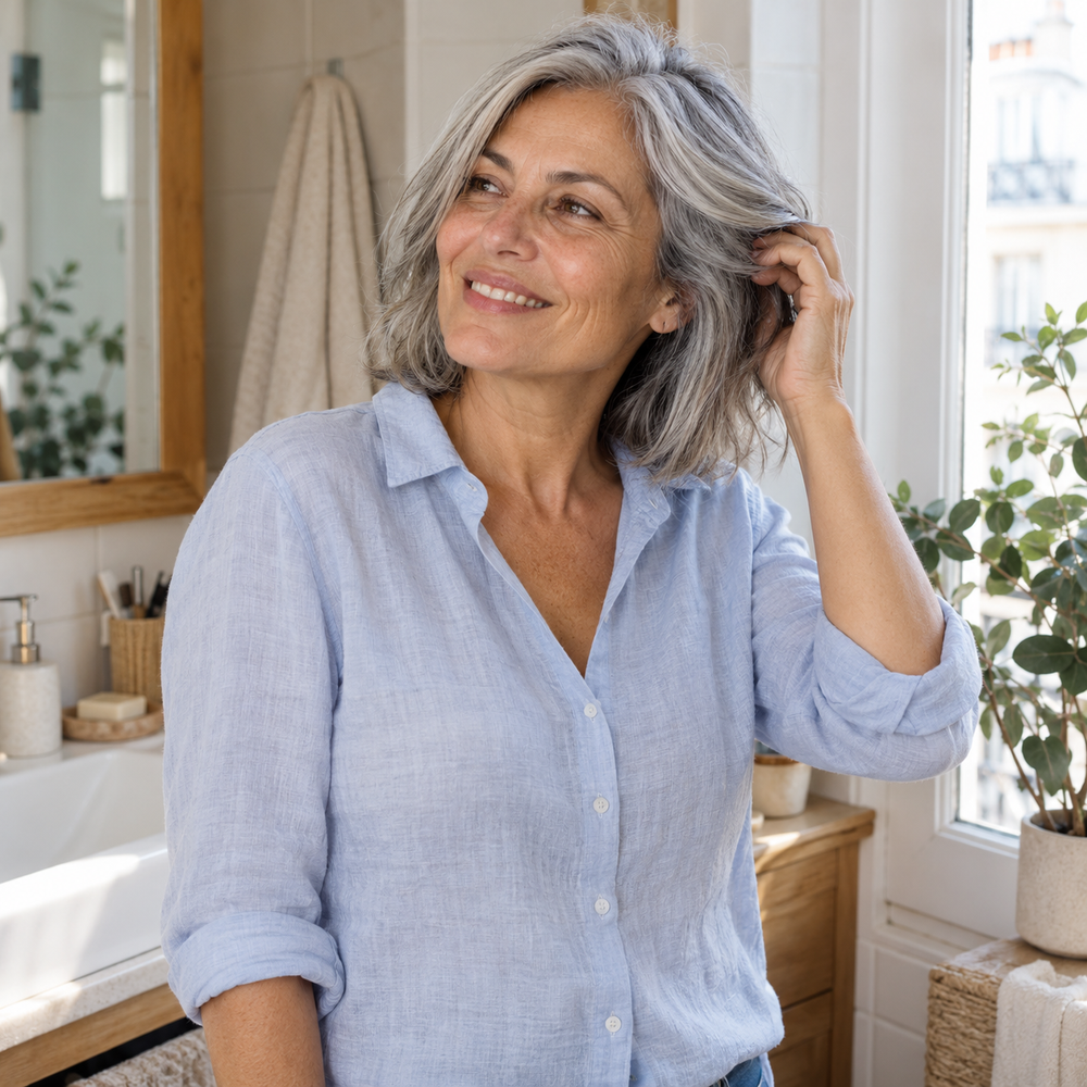 Femme mature aux cheveux argentés prenant soin de sa chevelure devant un miroir
